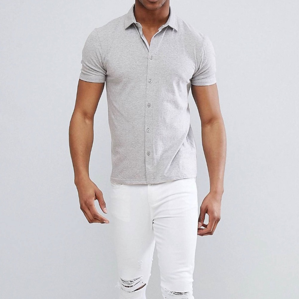 Boohoo jersey short sleeve button down shirt